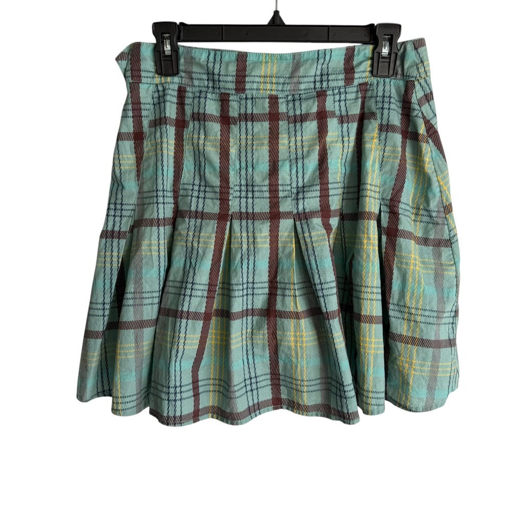 MAEVE by ANTHROPOLOGIE Aqua and Brown Plaid Tartan Ladies Pleated Mini Skirt, 6